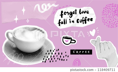Coffee collage on pink torn paper, korean heart hand symbol, forget love fall in coffee funny quote. Cappucino mug, doodles overlay 118409711
