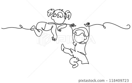 Little girls playing on branch of tree. Continuous One line drawing Little girls playing on branch of tree. Continuous One line drawing 118409723
