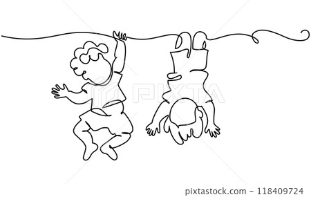 Little boys playing on branch of tree. Continuous One line drawing Little boys playing on branch of tree. Continuous One line drawing 118409724