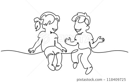 Two small children toddlers talking. Continuous one line drawing 118409725