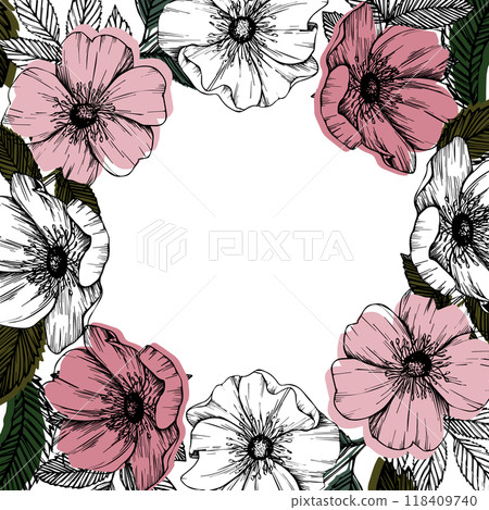 Rose hip vector frame with leaves and flowers. Wild rose, medicinal herb line art drawing, pink and red bud. Outline graphic illustration. sketch template for card, print, logo, tattoo, wedding design 118409740