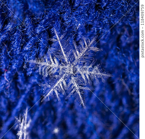 natural snowflakes on a knitted mitten natural snowflakes on a knitted mitten 118409759