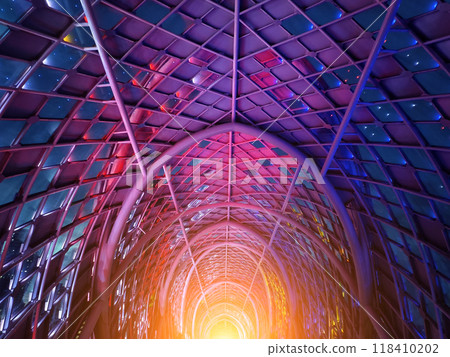 A stunning tunnel with vibrant purple and blue ceiling lights A stunning tunnel with vibrant purple and blue ceiling lights 118410202