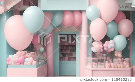 A pastel-colored shop decorated with balloons 118410253