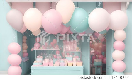 A pastel-colored shop decorated with balloons 118410254