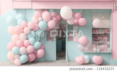 A pastel-colored shop decorated with balloons 118410255