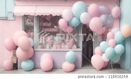 A pastel-colored shop decorated with balloons 118410259
