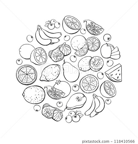 Black Outline Fruit Design Elements Isolated on White Background Black Outline Fruit Design Elements Isolated on White Background 118410566