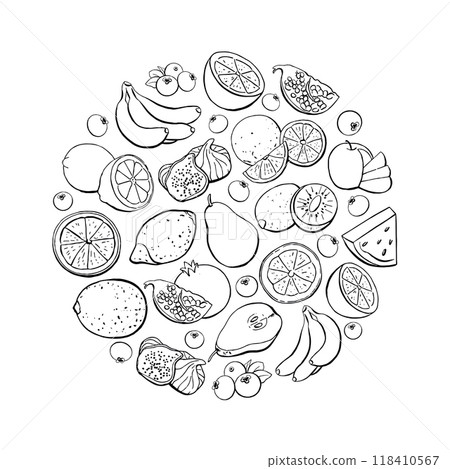 Black Outline Fruit Design Elements Isolated on White Background Black Outline Fruit Design Elements Isolated on White Background 118410567