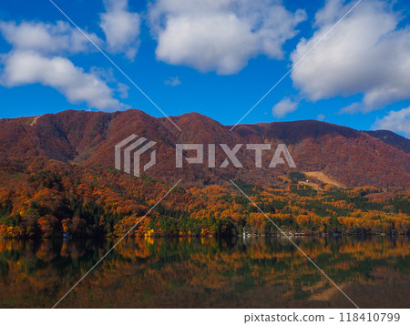 Autumn foliage reflected on the surface of Lake Aoki in Omachi, Nagano Prefecture Autumn foliage reflected on the surface of Lake Aoki in Omachi, Nagano Prefecture 118410799