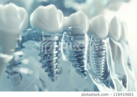 The concept of dental implants. A 3D rendering showing a dental implant placed between teeth The concept of dental implants. A 3D rendering showing a dental implant placed between teeth 118410881