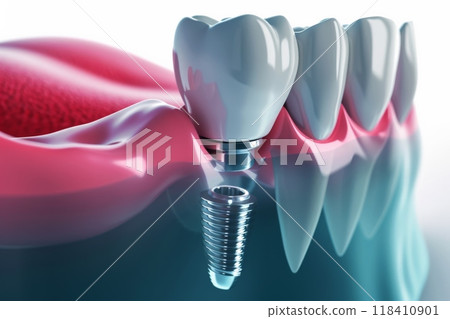 The concept of dental implants. A 3D rendering showing a dental implant placed between teeth 118410901