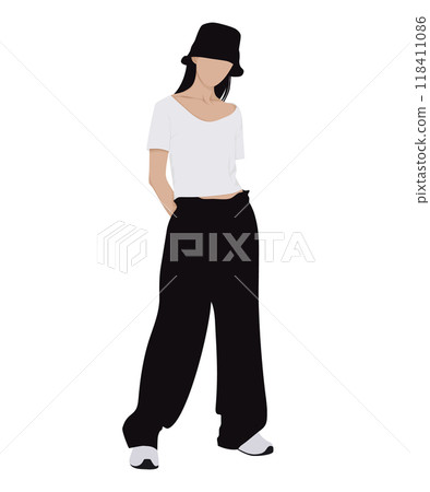 Vector illustration of a woman in a white top and black baggy pants. Simple casual 118411086