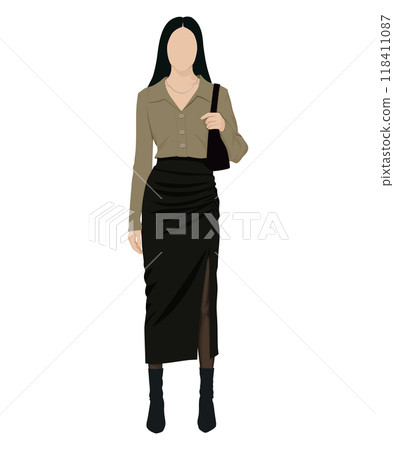 Vector illustration of a woman in a light olive blouse and black skirt. Business casual 118411087