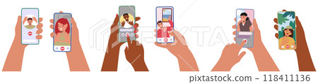Diverse Character Hands Holding Smartphones For Video Chats Highlighting Connection And Communication Across Cultures 118411136