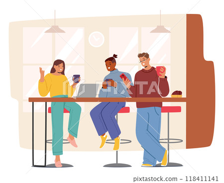 Colleagues Enjoying A Relaxing Coffee Break In A Modern Office Sharing Laughter And Conversation, Vector Illustration Colleagues Enjoying A Relaxing Coffee Break In A Modern Office Sharing Laughter And Conversation, Vector Illustration 118411141
