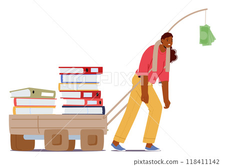 Businesswoman Pulling A Cart Of Files Motivated By Dangling Money. Represents Manipulation, Overwork 118411142