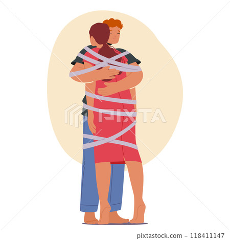 Couple Entangled In Ribbons Symbolizing A Toxic Relationship. Image Conveys Emotional Manipulation, Restriction, Control 118411147