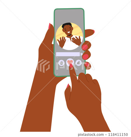 Character Hands Holding Smartphone Showing Social Media Interaction On Screen Capturing Digital Connection Character Hands Holding Smartphone Showing Social Media Interaction On Screen Capturing Digital Connection 118411150