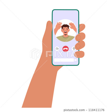 Hand Holding A Smartphone With A Social Media Chat Interface Displayed On The Screen Capturing An Expressive Video Call Hand Holding A Smartphone With A Social Media Chat Interface Displayed On The Screen Capturing An Expressive Video Call 118411176