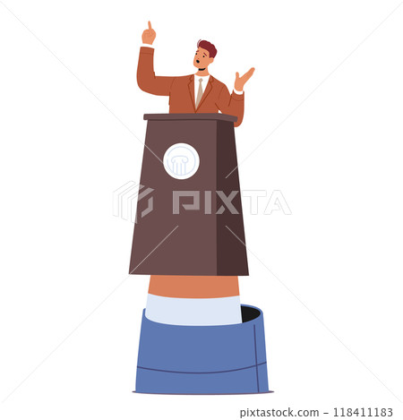 Speaker Passionately Addresses An Audience From Podium, Elevated By The Huge Hand, Highlighting, Vector Illustration Speaker Passionately Addresses An Audience From Podium, Elevated By The Huge Hand, Highlighting, Vector Illustration 118411183