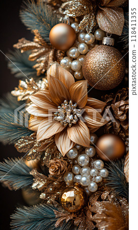 Elegant Christmas Wreath with Gold Baubles and Pinecones 118411355