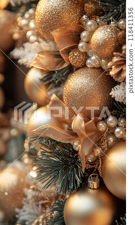 Golden Christmas Wreath with Ribbons and Ornaments 118411356