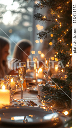 Elegant New Year's dinner table with festive decorations 118411381