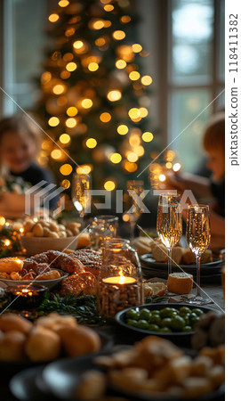 Family preparing a festive New Year's dinner table 118411382