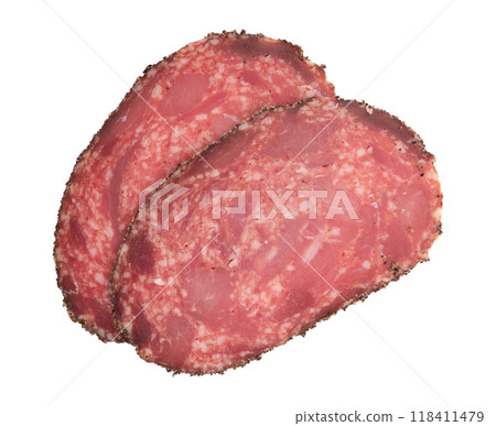 slices of spanish salchichon sausage isolated on white 118411479