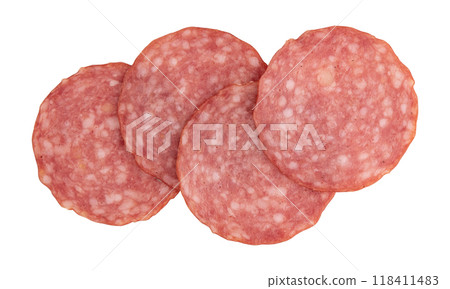 salami sausage cut into pieces isolated on white salami sausage cut into pieces isolated on white 118411483