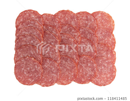 salami sausage cut into pieces isolated on white 118411485