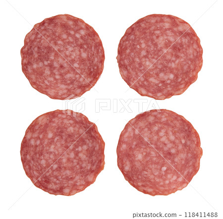 salami sausage cut into pieces isolated on white 118411488