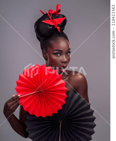 Shocked, makeup and beauty with portrait of black woman in studio for creative, art and culture. Traditional, cosmetics and paper design with model on grey background for fashion, origami or color Shocked, makeup and beauty with portrait of black woman in studio for creative, art and culture. Traditional, cosmetics and paper design with model on grey background for fashion, origami or color 118411563