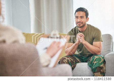 Military man, counselling and therapist for help and support for mental health. Happy, healing and army veteran with trauma for therapy at psychologist person with notes for anxiety problem 118411580