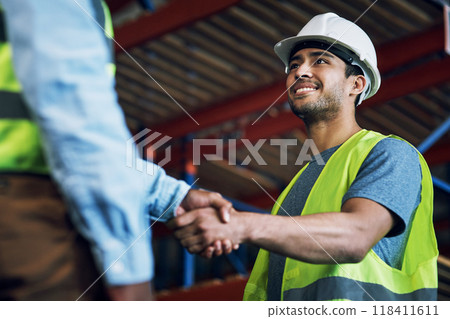 Happy man, architect and handshake for construction, building or hiring in teamwork or partnership on site. Business people shaking hands in recruiting, architecture agreement or contractor deal Happy man, architect and handshake for construction, building or hiring in teamwork or partnership on site. Business people shaking hands in recruiting, architecture agreement or contractor deal 118411611