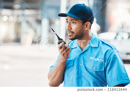 Security guard, communication and officer use a walkie talkie or radio for an emergency or criminal investigation. Protection, safety and police talking in a law enforcement service office for crime 118411644