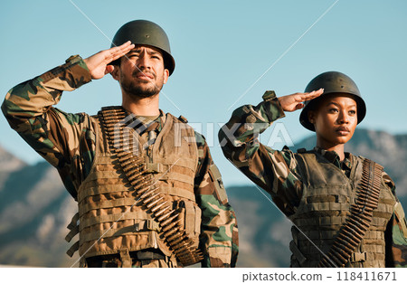 Salute, army and soldier with people in nature for training, military service and war. Hero, veteran and teamwork with man and woman in outdoors for warrior, battlefield and courage together 118411671