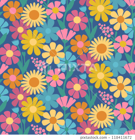 Vibrant floral pattern with stylized yellow daisies, pink, red, blue and purple flowers, green leaves and stems in a repeating vertical design on deep blue background with a playful, retro aesthetic. 118411672
