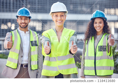 Engineer, construction and team thumbs up with a woman manager outdoor for civil engineering work. Portrait of leader and gender equality with a man and women show hands for building project success Engineer, construction and team thumbs up with a woman manager outdoor for civil engineering work. Portrait of leader and gender equality with a man and women show hands for building project success 118411680