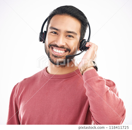 Customer service consulting, face portrait or happy man telemarketing on contact us CRM or telecom. Call center communication, ecommerce studio or male support consultant isolated on white background 118411725