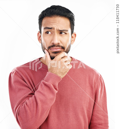 Confused man, thinking and why face in studio, white background and doubt of ideas, planning and questioning. Unsure male model curious of decisions, remember memory and reaction emoji for solution 118411730