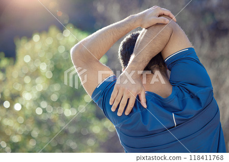 Fitness, back and stretching with a man runner outdoor in the mountains for a cardio or endurance workout. Exercise, sports and warm up with a male athlete getting ready for a run outdoor in nature Fitness, back and stretching with a man runner outdoor in the mountains for a cardio or endurance workout. Exercise, sports and warm up with a male athlete getting ready for a run outdoor in nature 118411768