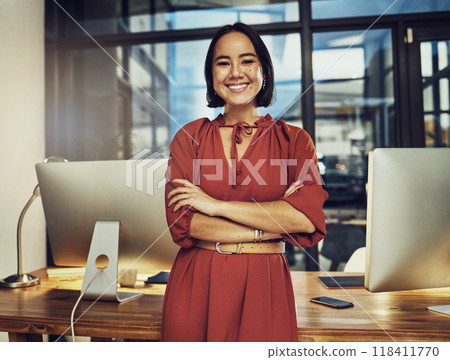 Portrait, smile and late with a business woman in her office, arms crossed while working in the evening at night. Vision, happy and dark with an asian female employee standing at work for dedication Portrait, smile and late with a business woman in her office, arms crossed while working in the evening at night. Vision, happy and dark with an asian female employee standing at work for dedication 118411770
