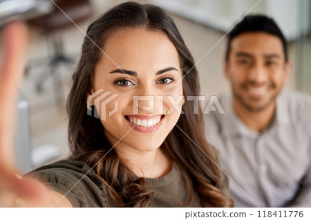 Smile, selfie and portrait of businesswoman in the office with her colleague for partnership. Success, friendship and happy corporate team taking a picture working together on a project in workplace. 118411776