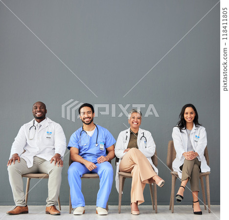 Healthcare, doctors and portrait of team on chair on wall background for insurance, wellness and medical mockup. Hospital, teamwork and men and women sitting in line for consulting, help and service 118411805