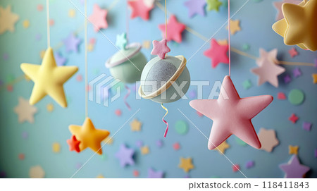 Colorful hanging stars and planets decoration in a dreamy children's room with pastel hues and playful elements 118411843