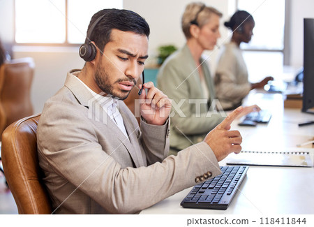 Call center, thinking and business man in office, agency or ecommerce company listening to client for account problem solving. Agent, virtual consultant or person advice, support or customer solution Call center, thinking and business man in office, agency or ecommerce company listening to client for account problem solving. Agent, virtual consultant or person advice, support or customer solution 118411844