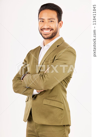 Professional, fashion and portrait of man with crossed arms in studio with confidence, happiness and pride. Happy, business and male person smile in formal clothes, style and suit on white background 118411845