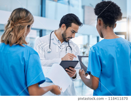 Teamwork, meeting and doctors with xray in hospital for medical report, diagnosis and patient scan. Healthcare, collaboration and nurse with man doctor for consulting, planning and surgery results 118411870